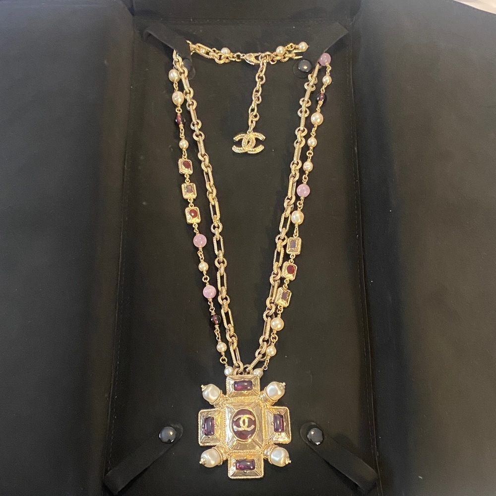 CHANEL Gold and Purple Cross Pendant Necklace - Picture 10 of 12